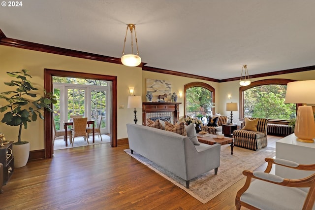 living room with crown molding and hardwood / wood-style floors