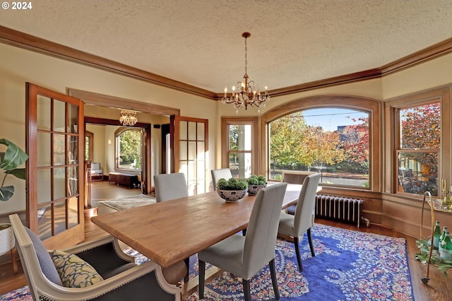 dining space with radiator heating unit, dark hardwood / wood-style floors, and plenty of natural light