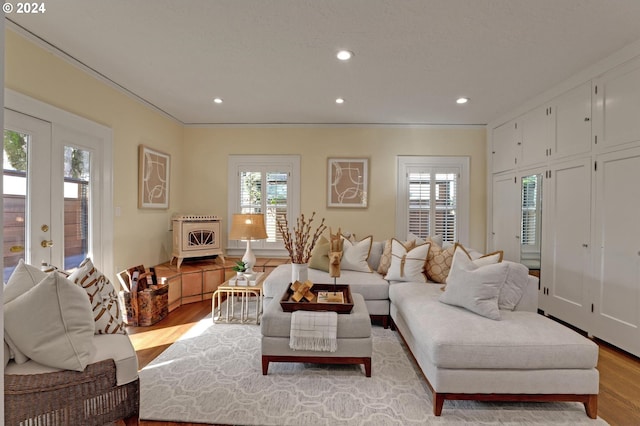 living room featuring crown molding and light hardwood / wood-style flooring