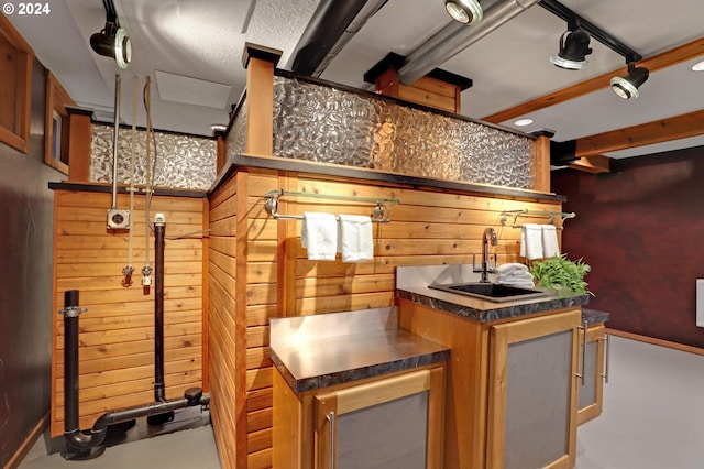 kitchen with sink and wooden walls