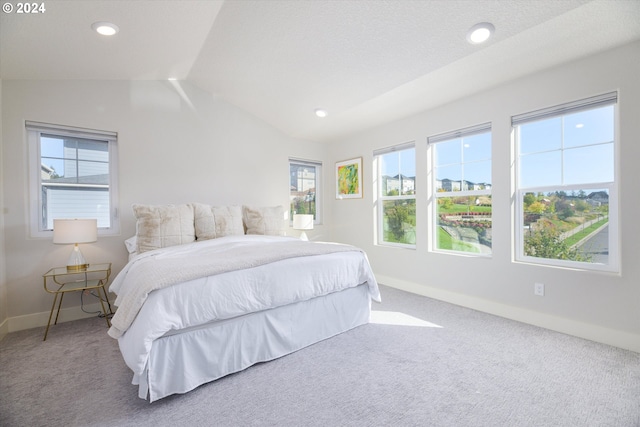 carpeted bedroom with lofted ceiling