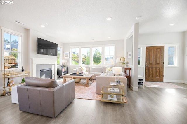 living room featuring a textured ceiling and light wood-type flooring