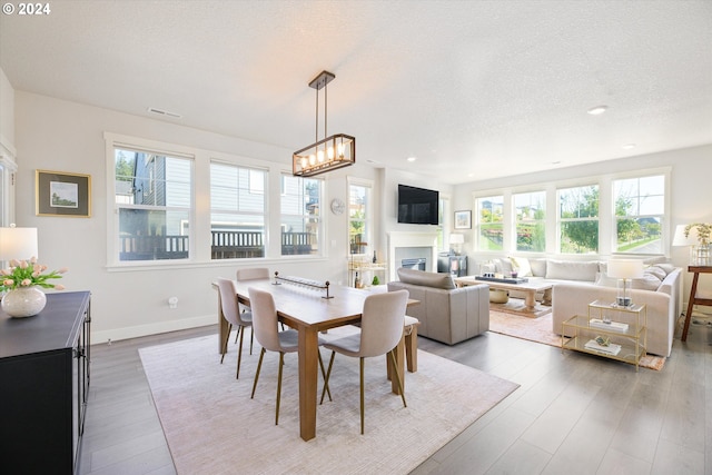 dining space with hardwood / wood-style floors and a textured ceiling