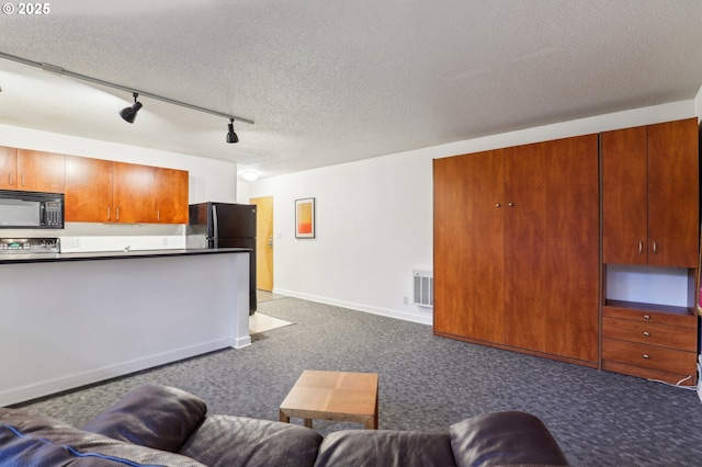 living room with a textured ceiling and track lighting