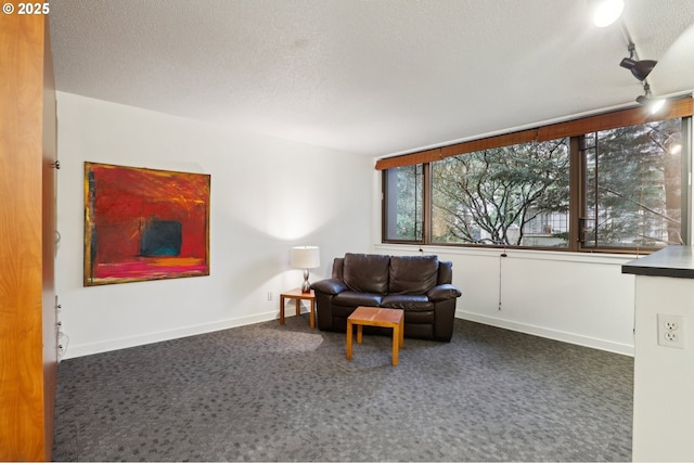 living room with a textured ceiling, dark carpet, and rail lighting