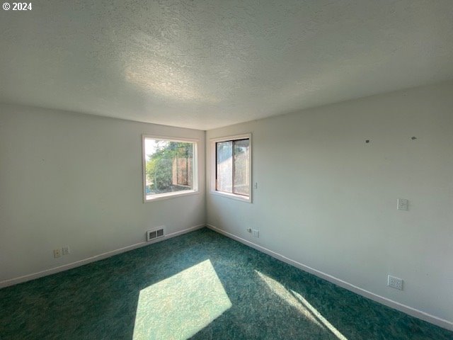 carpeted empty room featuring a textured ceiling