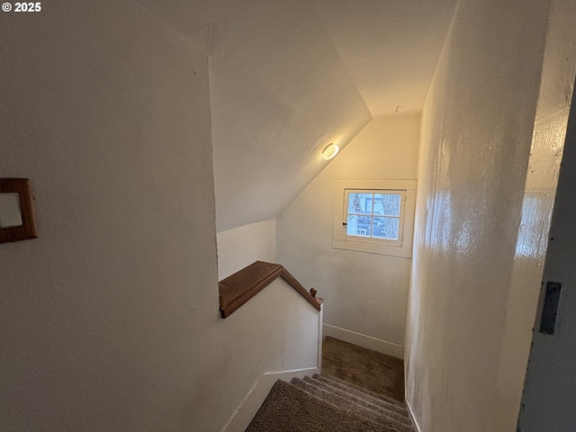 stairs featuring carpet floors and vaulted ceiling