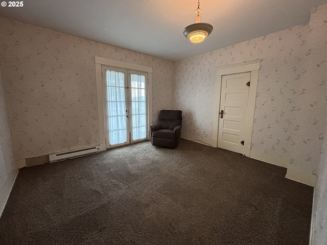 unfurnished room with dark colored carpet and baseboard heating