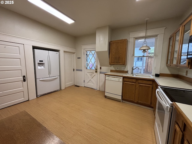 kitchen with pendant lighting, light hardwood / wood-style floors, white appliances, and sink