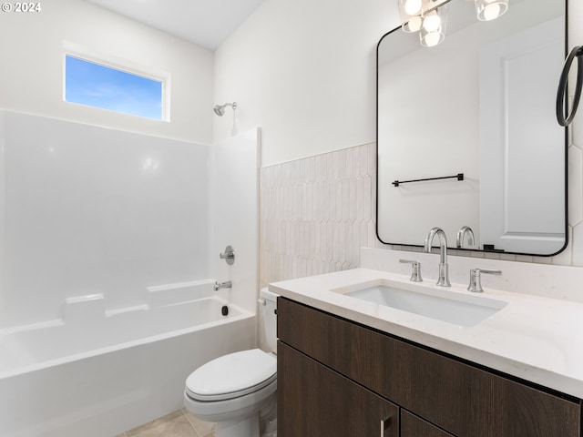 full bathroom with tile patterned flooring, vanity, toilet, and shower / bathtub combination