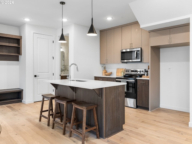 kitchen featuring appliances with stainless steel finishes, light hardwood / wood-style flooring, hanging light fixtures, and sink