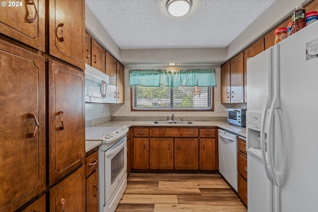 kitchen featuring sink, light hardwood / wood-style flooring, a textured ceiling, and white appliances