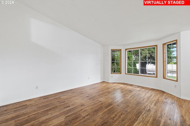 empty room with lofted ceiling and hardwood / wood-style floors