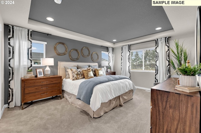 bedroom featuring light carpet, a raised ceiling, and multiple windows