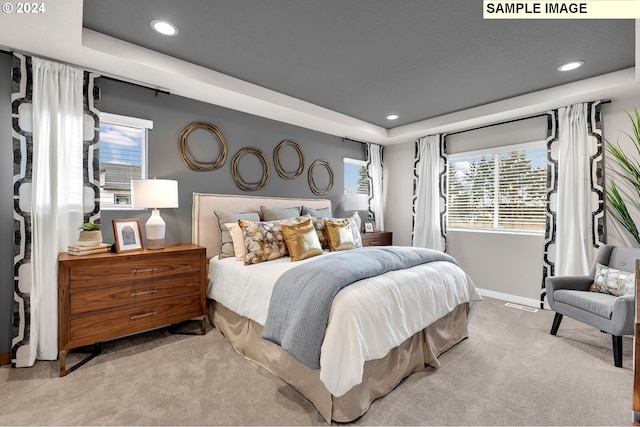 bedroom with light carpet and a tray ceiling