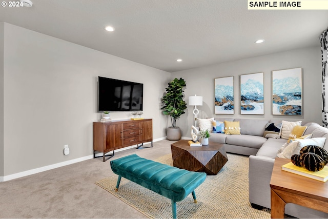 living room featuring light carpet