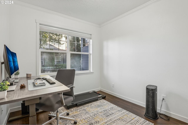 office featuring dark hardwood / wood-style flooring and crown molding