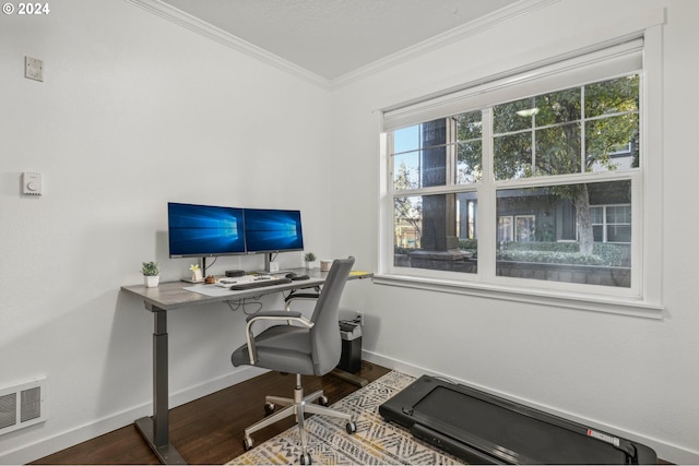 office space featuring hardwood / wood-style flooring and ornamental molding