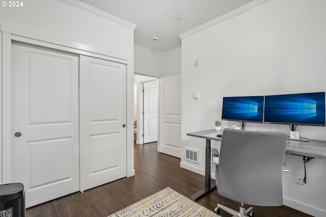 office area with dark hardwood / wood-style floors and ornamental molding