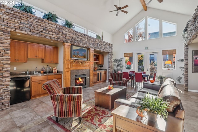 living room with beamed ceiling, ceiling fan, high vaulted ceiling, and french doors