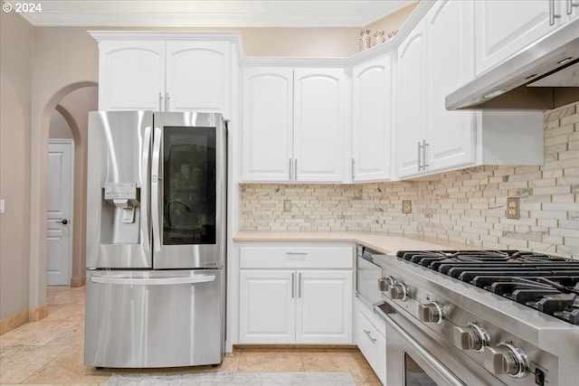 kitchen featuring backsplash, white cabinetry, crown molding, and stainless steel appliances