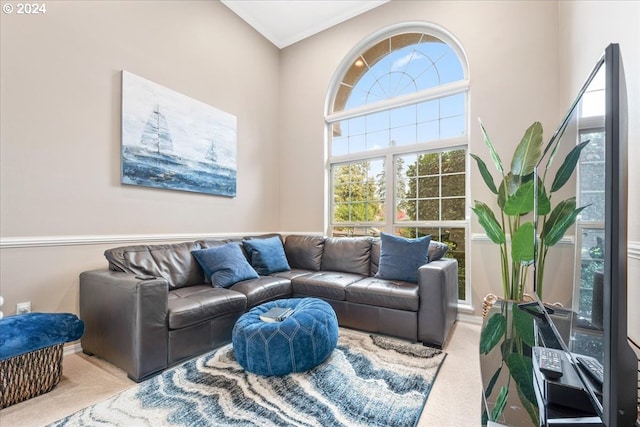 living room with light carpet, high vaulted ceiling, and ornamental molding