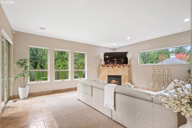 living room featuring a fireplace and ornamental molding