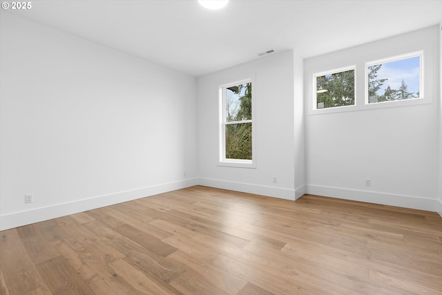 empty room with a wealth of natural light and light hardwood / wood-style flooring