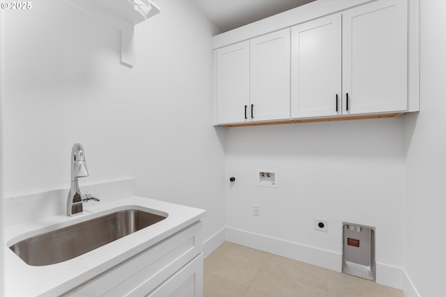 laundry room with sink, cabinets, hookup for a gas dryer, washer hookup, and hookup for an electric dryer