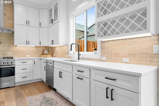 kitchen with sink, white cabinetry, light hardwood / wood-style flooring, stainless steel appliances, and decorative backsplash