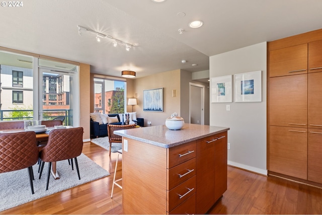 kitchen with dark hardwood / wood-style floors, a center island, light stone countertops, and rail lighting