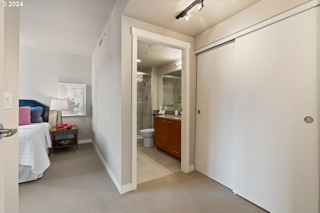 bedroom with light carpet, ensuite bathroom, a closet, and sink