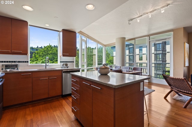 kitchen featuring tasteful backsplash, sink, stainless steel dishwasher, and hardwood / wood-style flooring