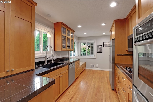 kitchen with light wood-type flooring, appliances with stainless steel finishes, sink, and a wealth of natural light