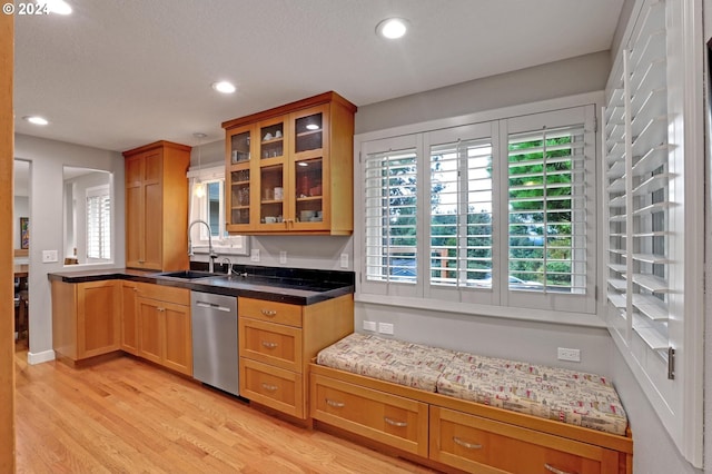 kitchen with light hardwood / wood-style flooring, a textured ceiling, stainless steel dishwasher, and sink