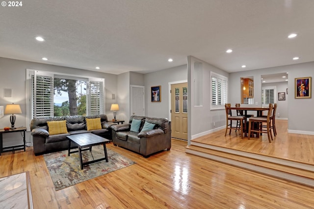 living room with a textured ceiling and light wood-type flooring