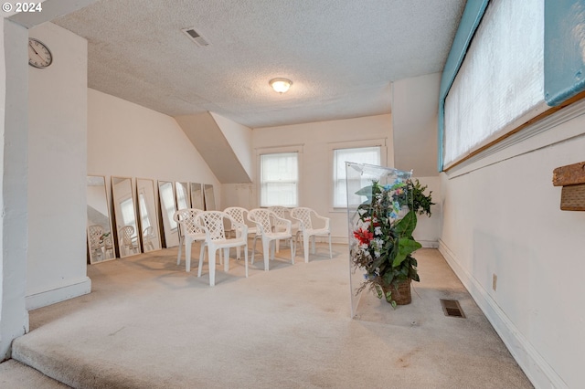 carpeted dining area with a textured ceiling