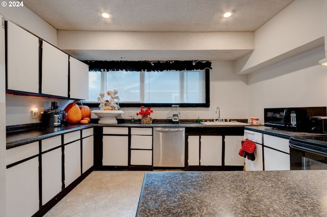kitchen featuring white cabinets, a textured ceiling, sink, and black appliances