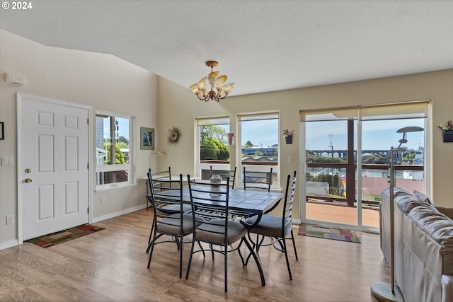 dining room featuring a water view, plenty of natural light, a notable chandelier, and hardwood / wood-style flooring