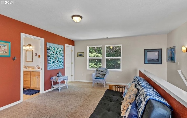 carpeted living room featuring radiator heating unit