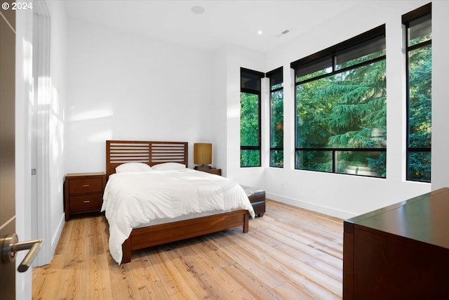 bedroom featuring multiple windows and light hardwood / wood-style flooring