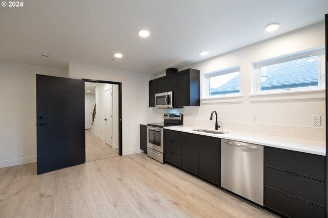 kitchen featuring appliances with stainless steel finishes, sink, and light wood-type flooring