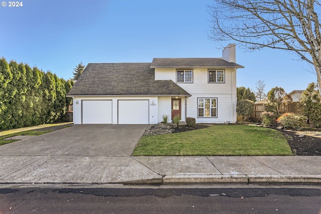 view of front facade with concrete driveway, a chimney, an attached garage, fence, and a front lawn