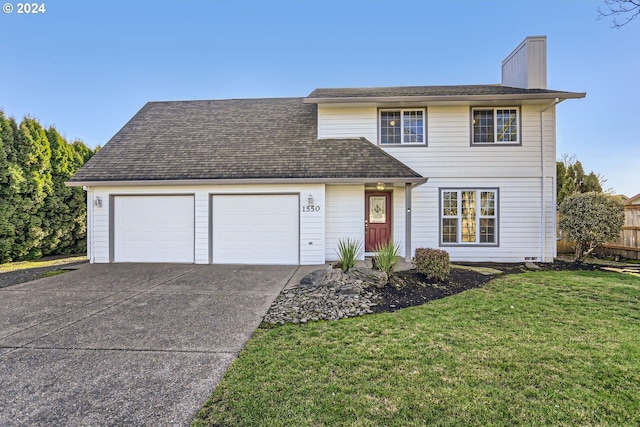 traditional home featuring a garage, a shingled roof, driveway, a chimney, and a front yard