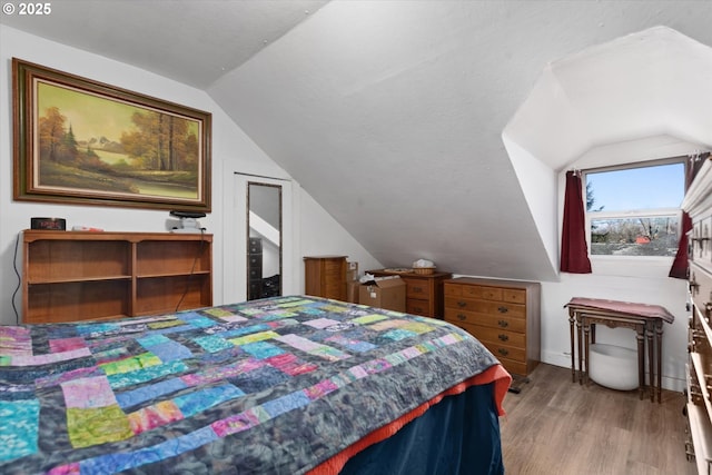 bedroom featuring vaulted ceiling and wood finished floors