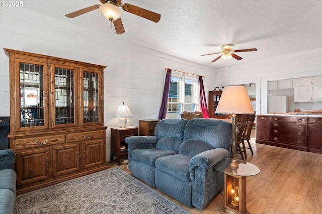 living area with light wood finished floors, a ceiling fan, and a textured ceiling