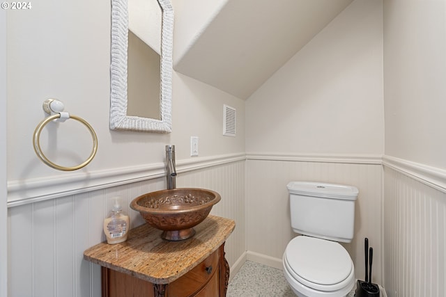 bathroom featuring toilet, vanity, and vaulted ceiling