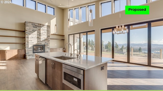 kitchen featuring a center island with sink, sink, plenty of natural light, and light hardwood / wood-style floors