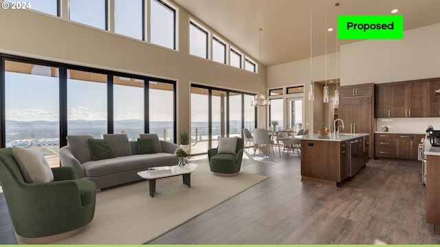 living room featuring sink, a water view, dark hardwood / wood-style flooring, and a high ceiling