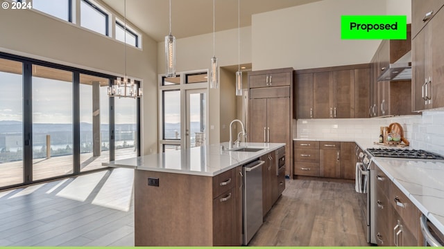 kitchen featuring light wood-type flooring, appliances with stainless steel finishes, a kitchen island with sink, sink, and decorative backsplash